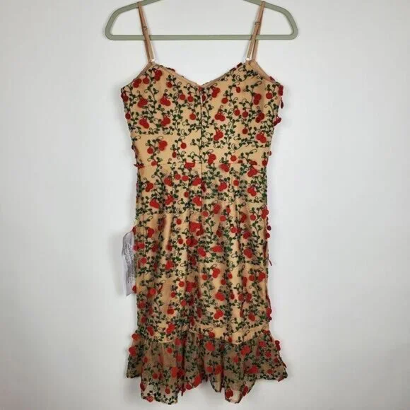 Dress the Population Kaya dress Cherry Embroidered Mini Dress Rouge Flutter Hem - Picture 11 of 12